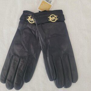 Michael Kors black leather gloves with gold MK logo, size L, new with tags